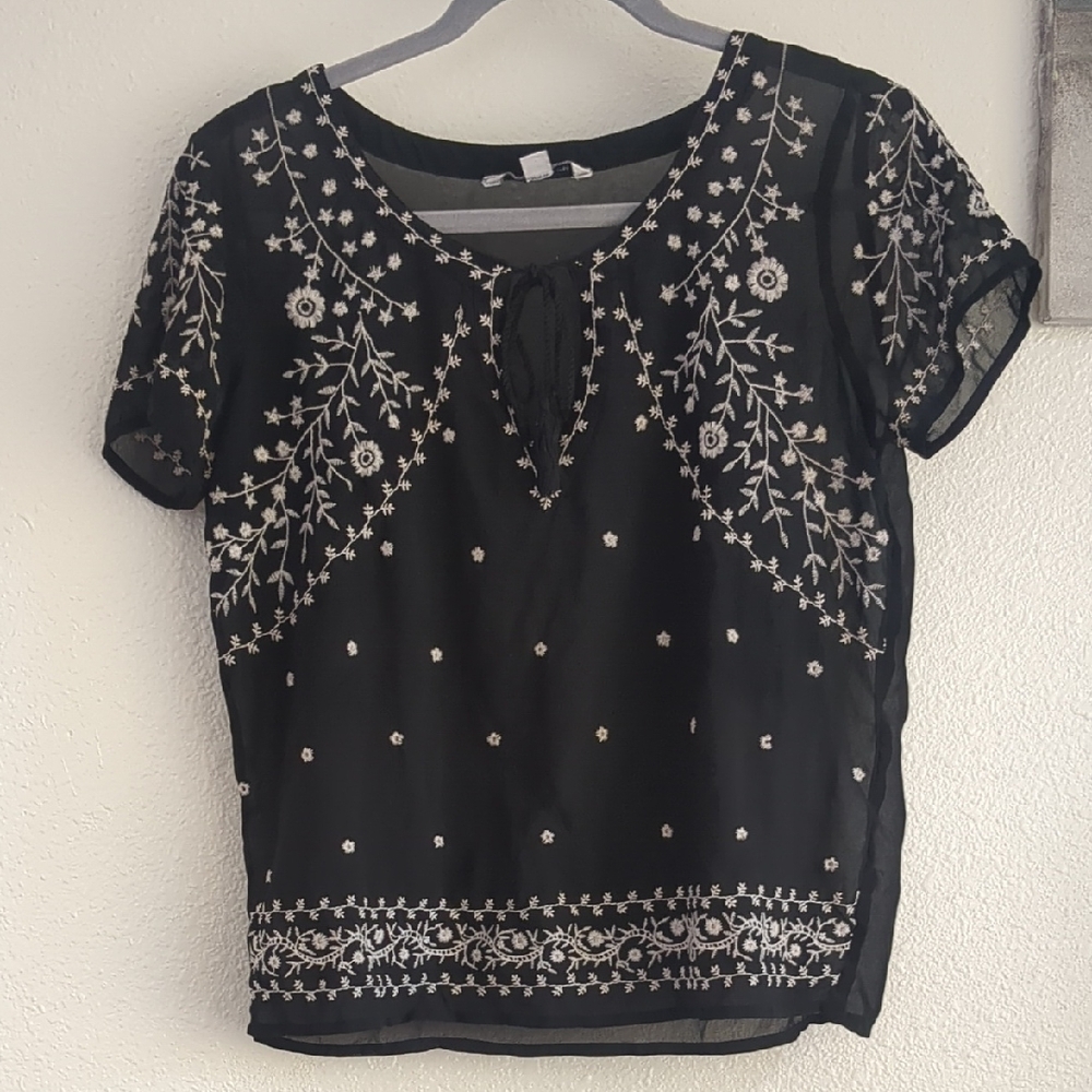 American Eagle Outfitters Black Embroidered Blouse